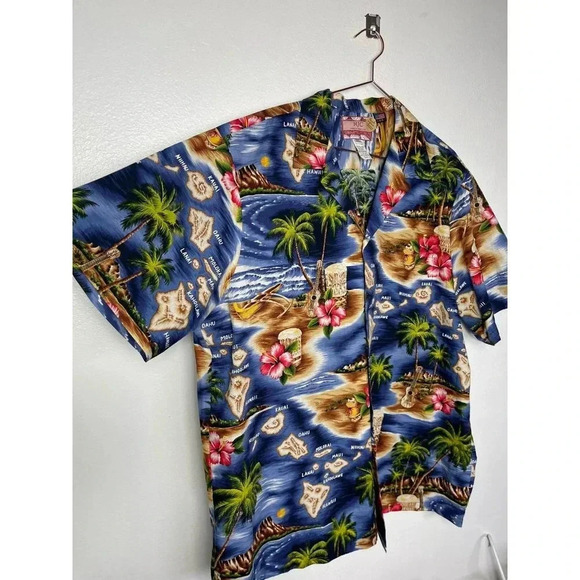 RJC Mens Short Sleeve Button Down Hibiscus Hawaiian Islands Shirt Blue Size 2XL - Picture 2 of 7